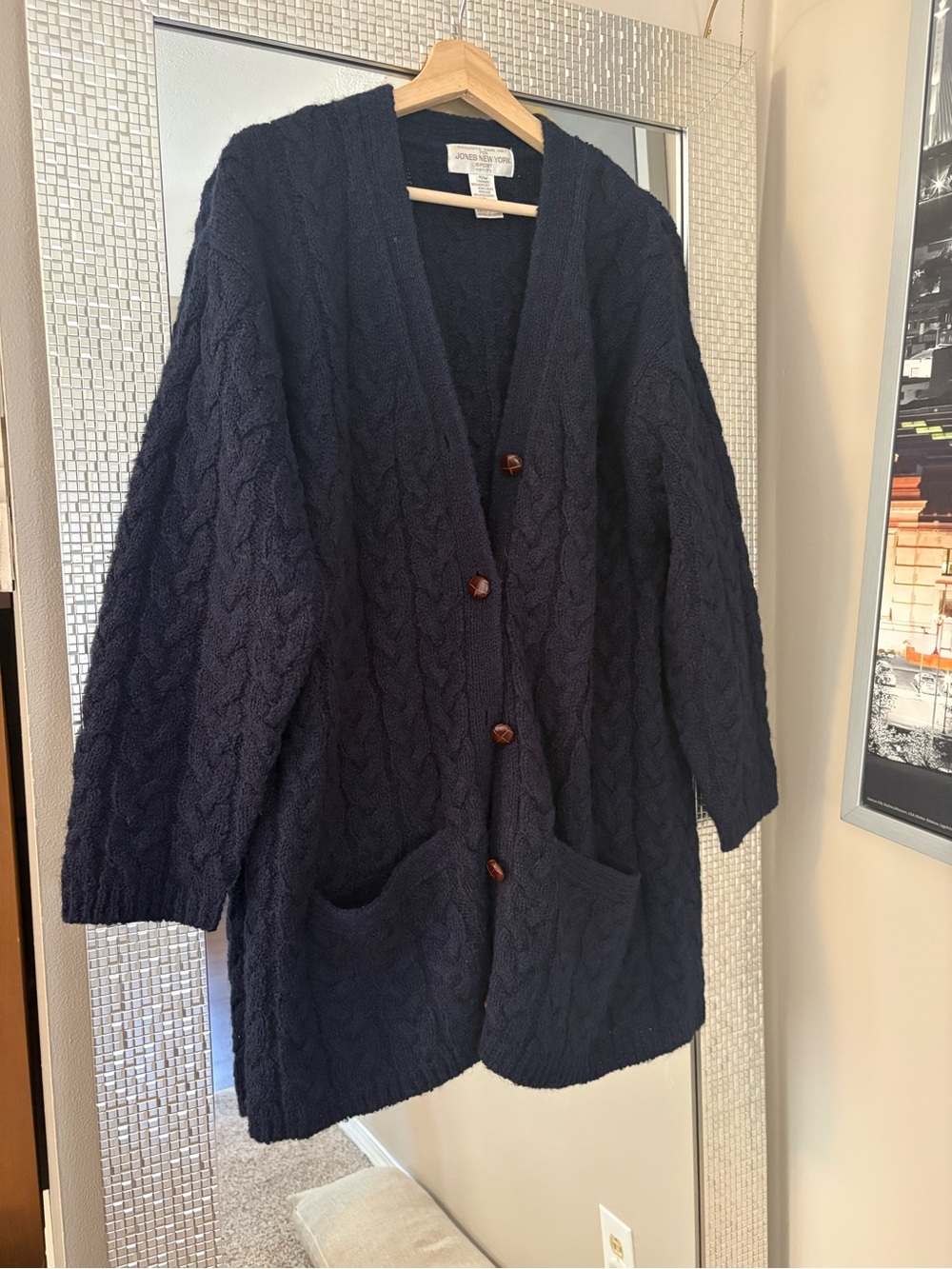 Vintage Jones New York Navy Cable-Knit Button Cardigan Sweater